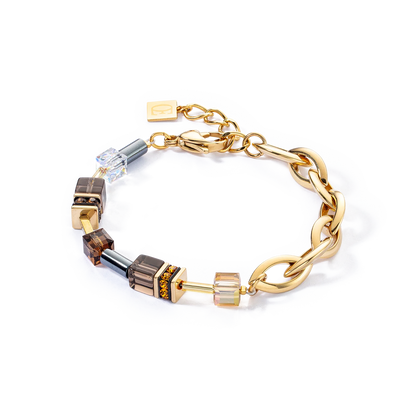 Gold chain bracelet with colored beads on a white background