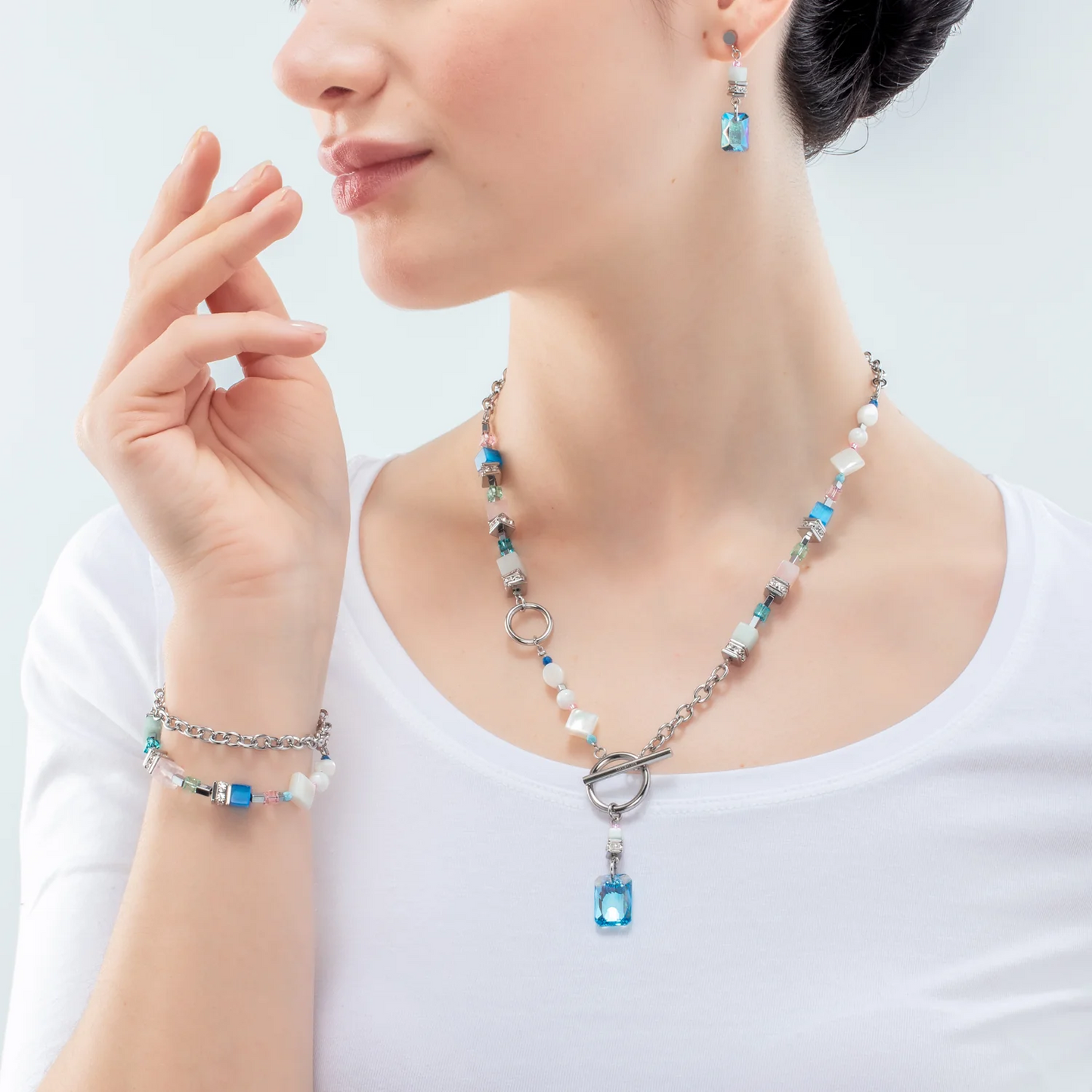 Coeur De Lion Amazonite & Rose Quartz Fusion Silver T-Bar Necklace