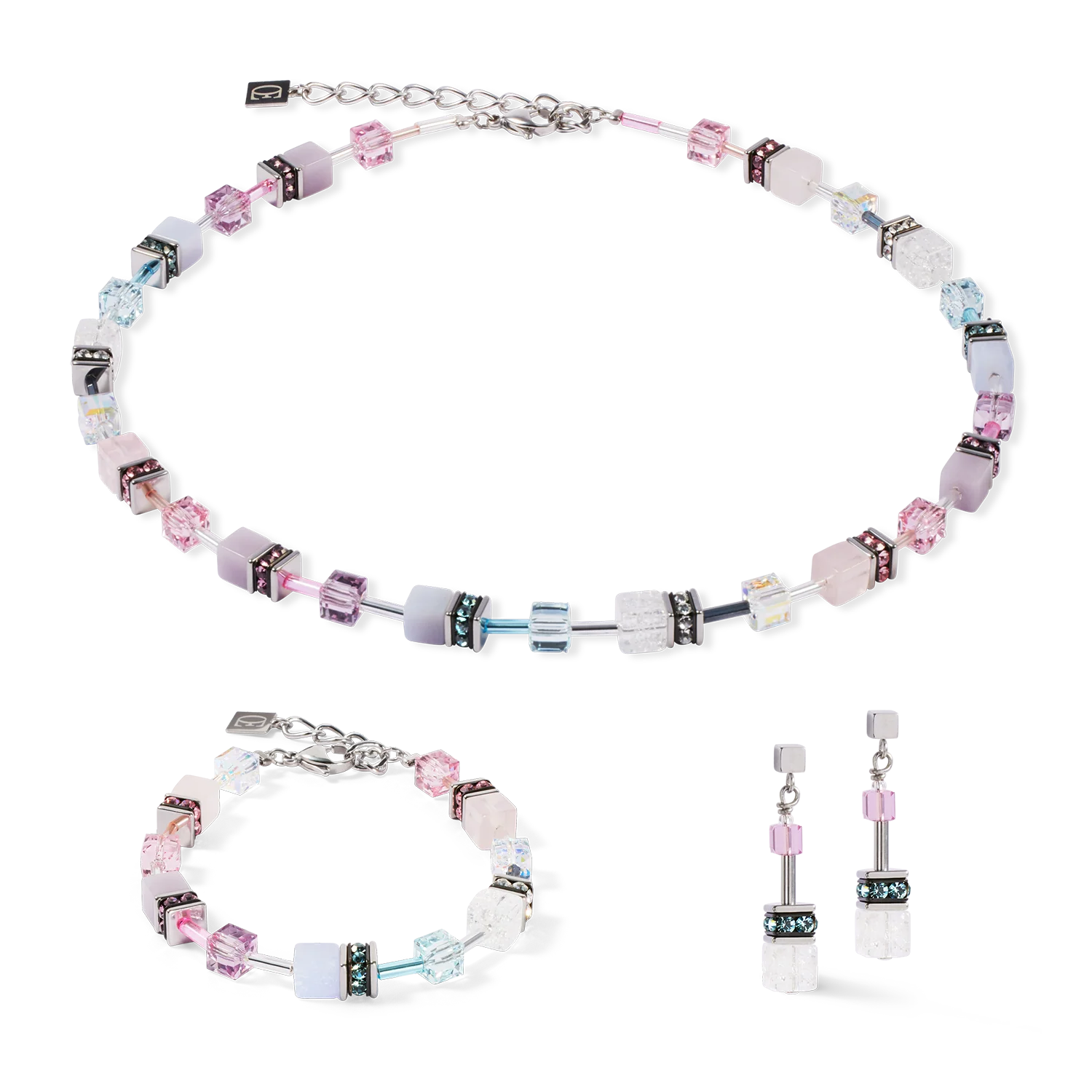 Handmade necklace & bracelet with Rose Quartz, Chalcedony, Rock Crystal and crystals - Eva Victoria in Ireland
