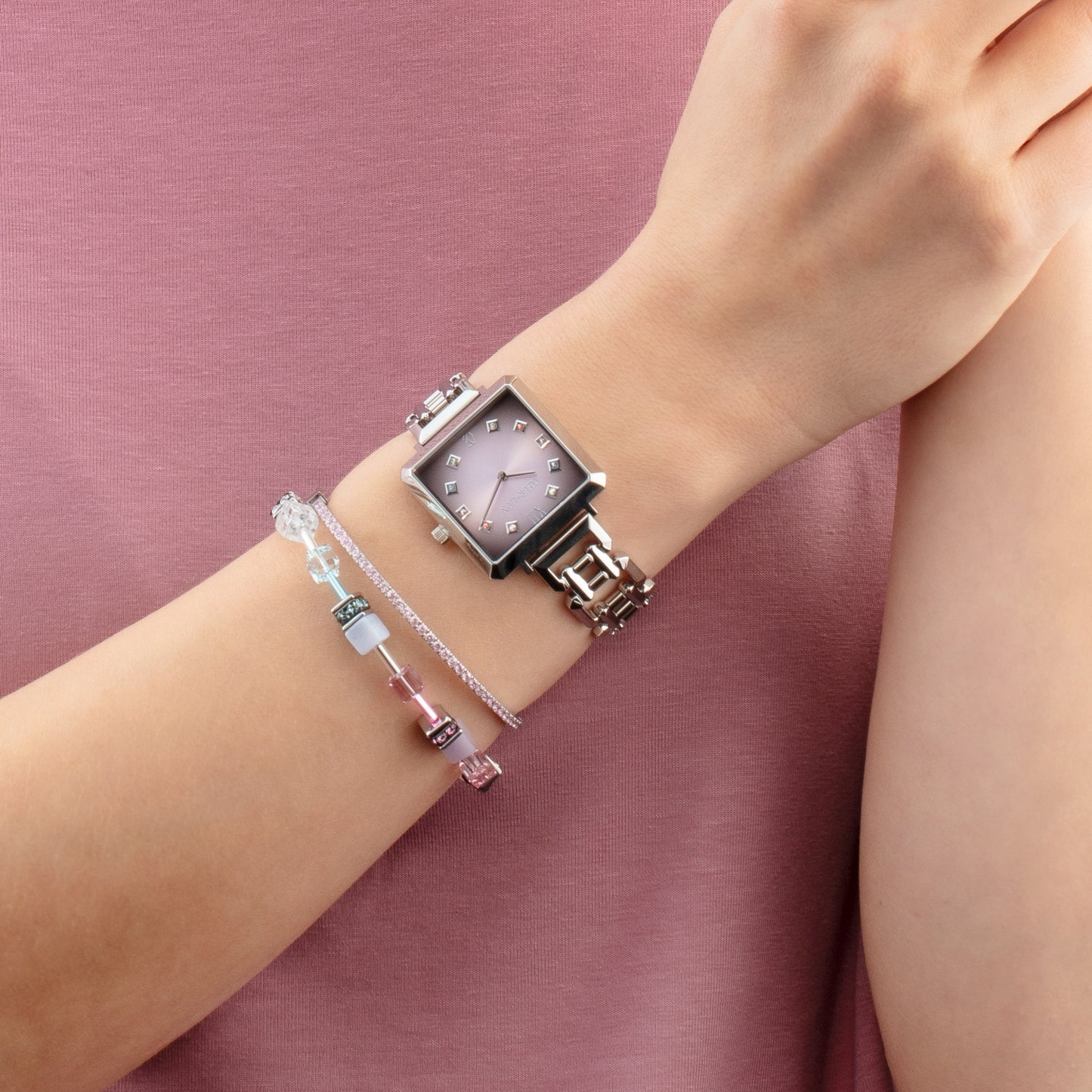 Coeur De Lion stainless steel GeoCUBE pink & lilac rose bracelet Ireland