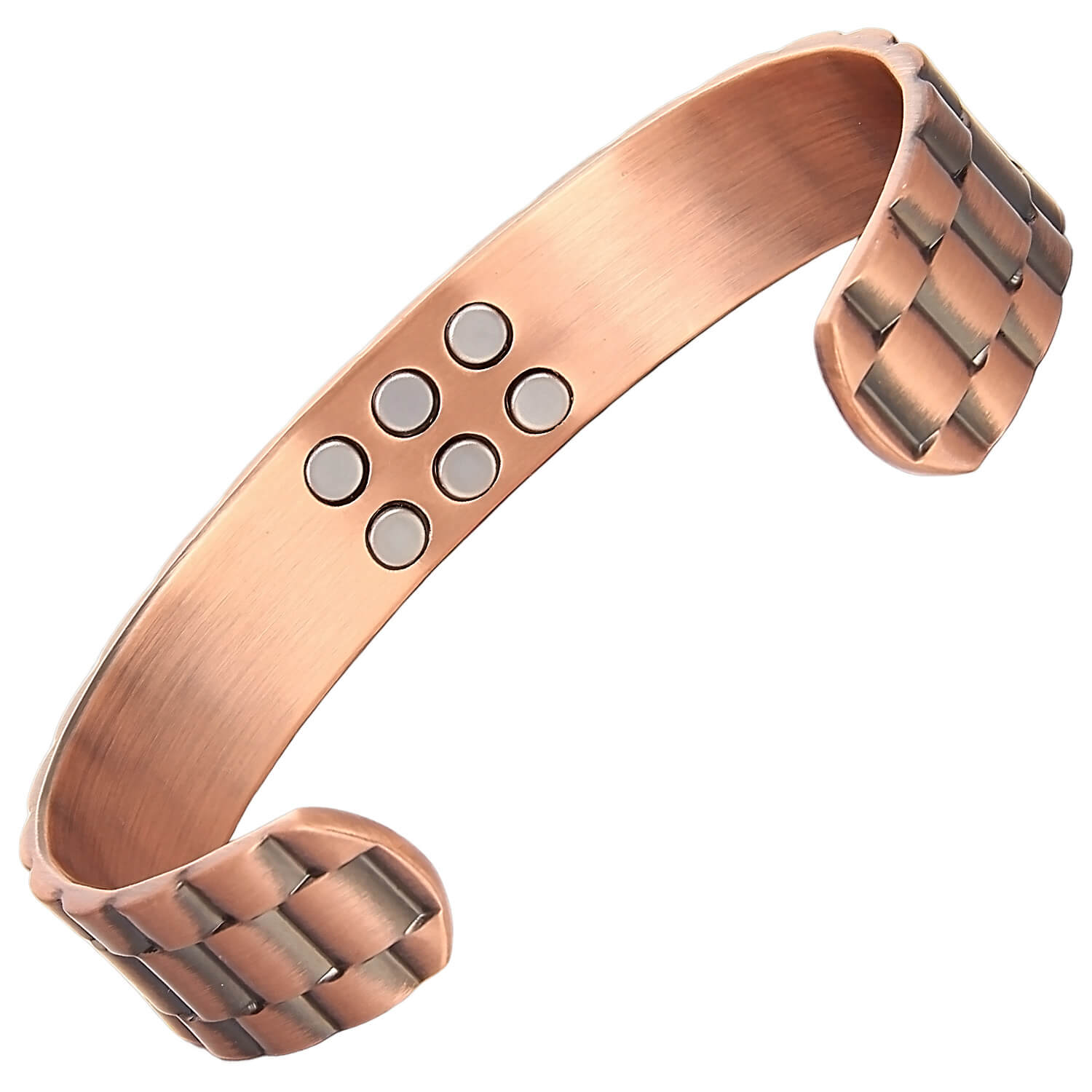 Copper bracelet with embedded magnets on a white background