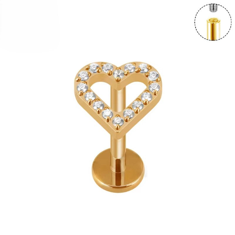 Open Heart CZ Titanium Labret Flat Back Earring