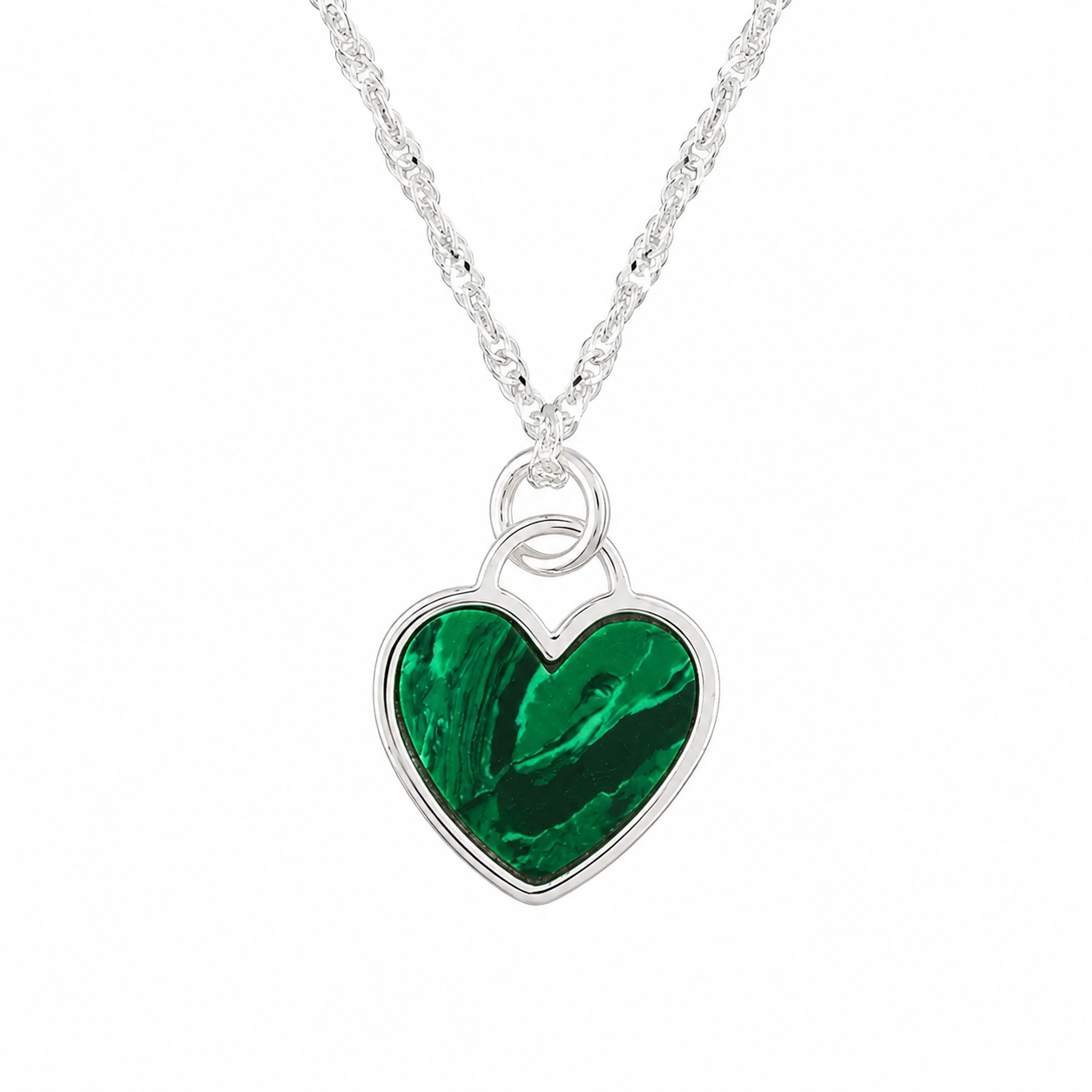 Sterling silver green enamel heart necklace on an 18 inch twist chain, available in silver and gold plated finishes by Eva Victoria Jewellery.