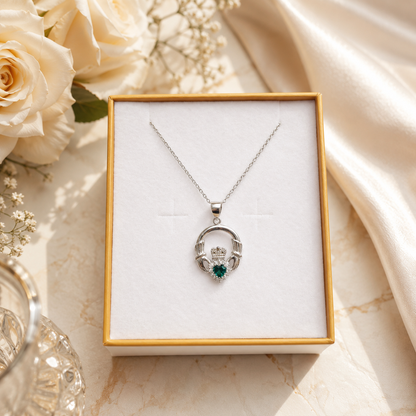 Sterling Silver Emerald CZ Claddagh Pendant