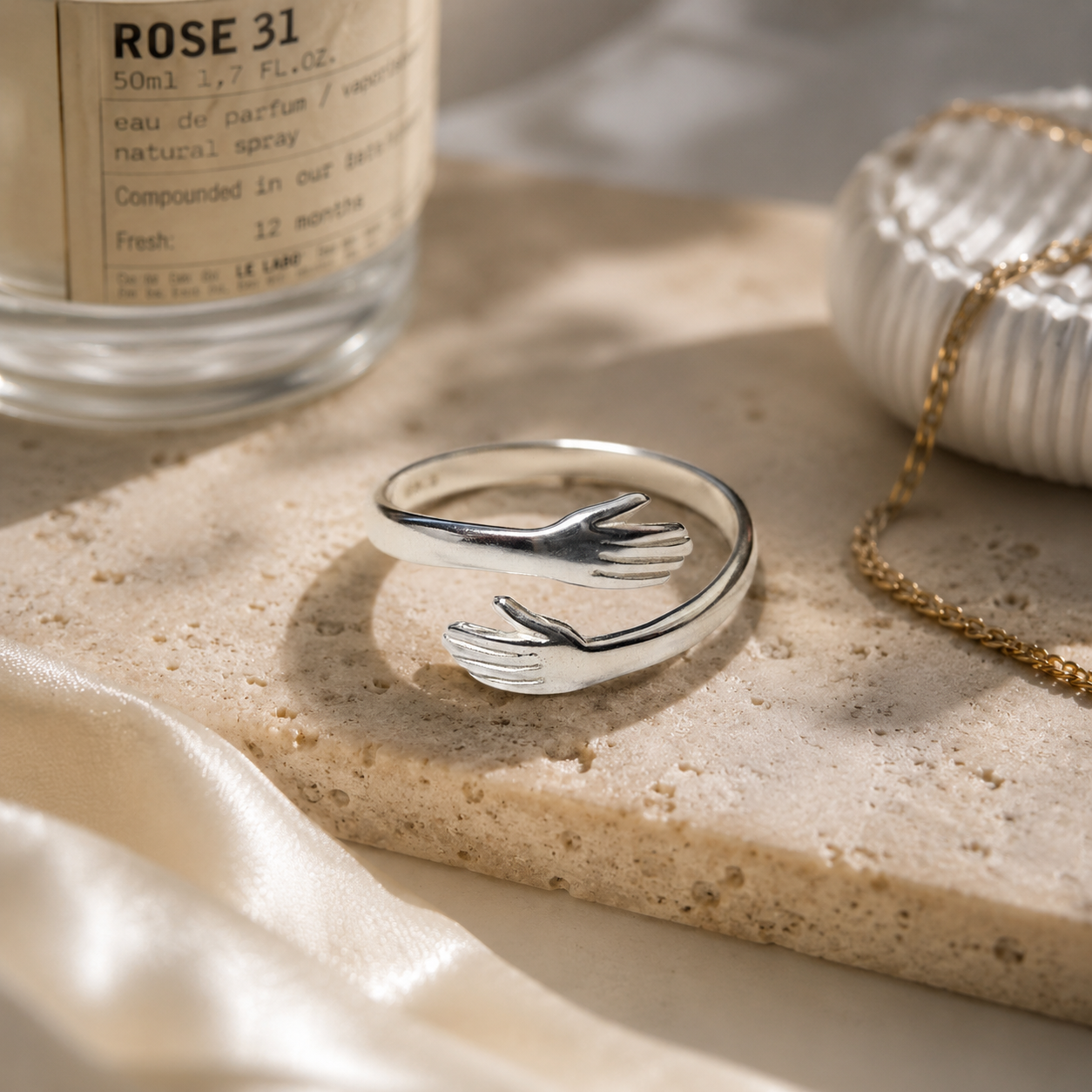 Sterling Silver Hug Ring - Adjustable Open Hands Ring