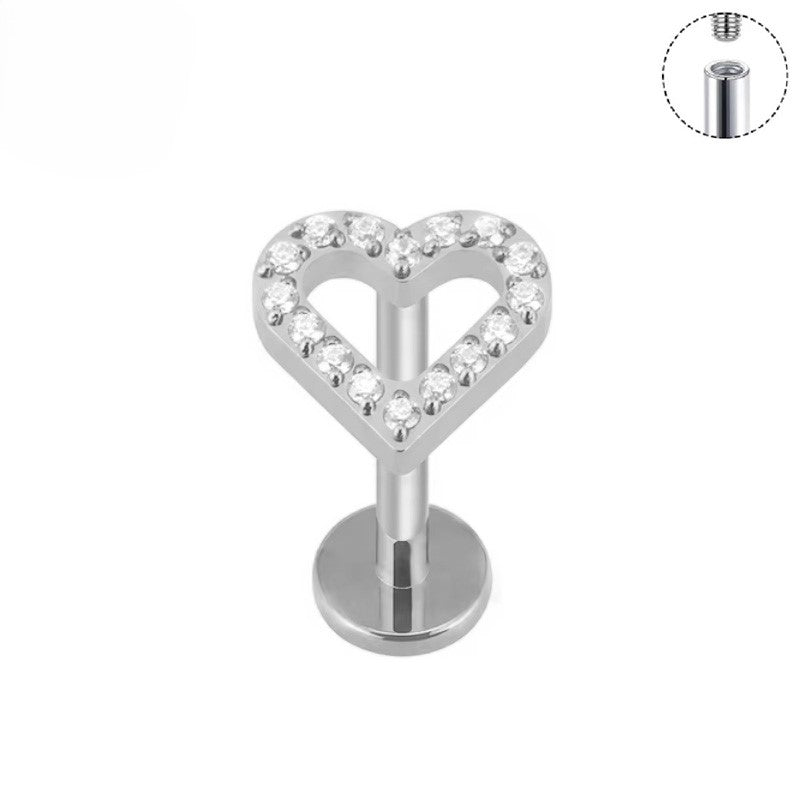 Open Heart CZ Titanium Labret Flat Back Earring