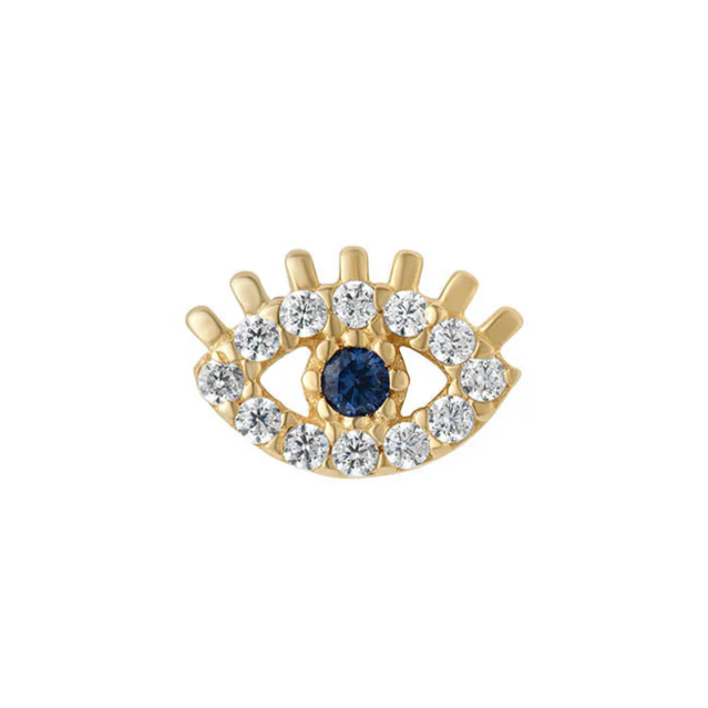 Gold evil eye-shaped stud earring with a blue gemstone on a white background