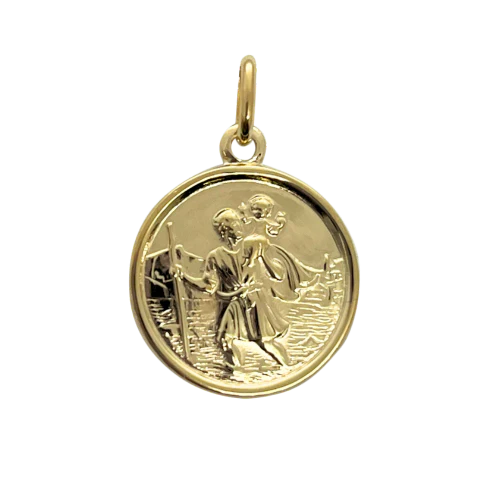 A 9ct yellow gold St. Christopher's medal with a relief depicting a figure carrying a cross, surrounded by a border and not attached to a chain.