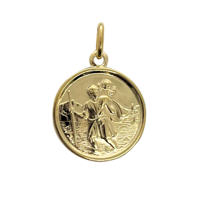 A 9ct yellow gold St. Christopher's medal with a relief depicting a figure carrying a cross, surrounded by a border and not attached to a chain.