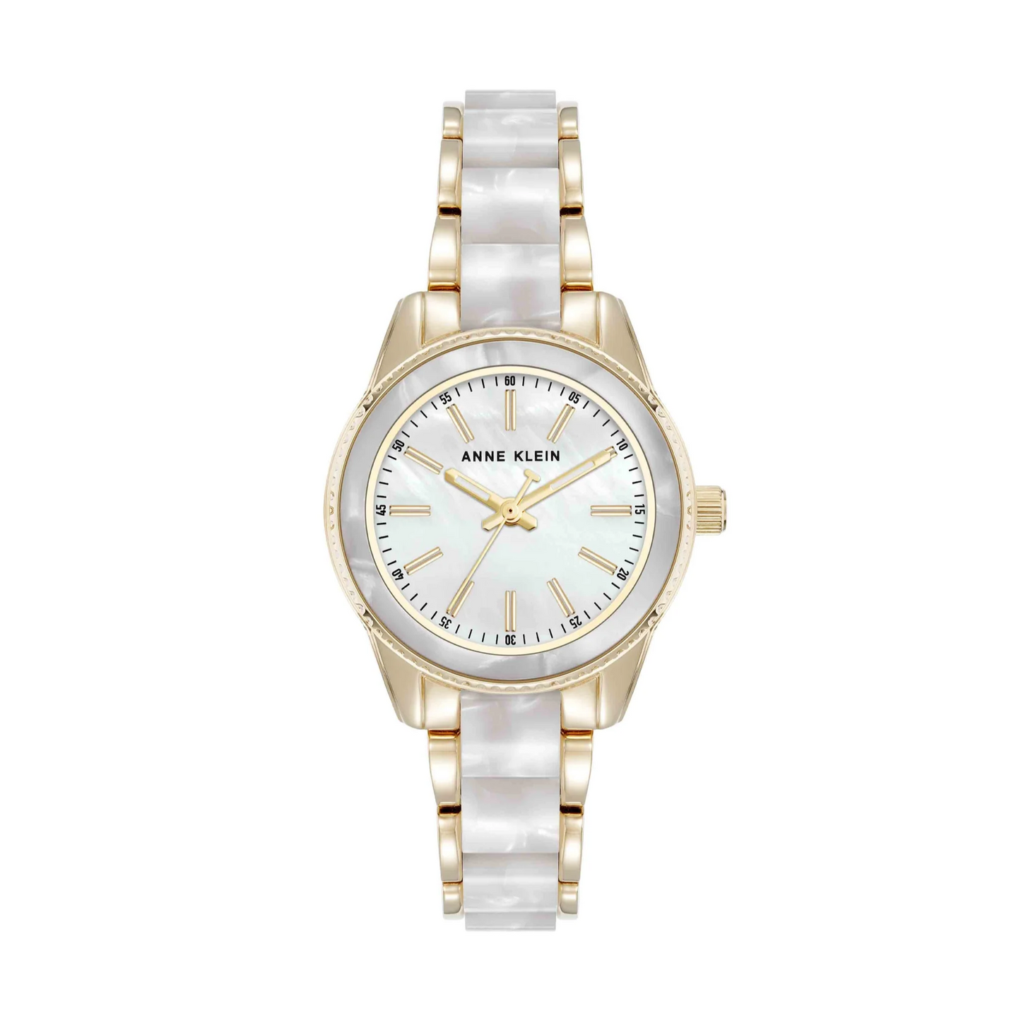 Anne Klein watch with gold and white strap on a white background