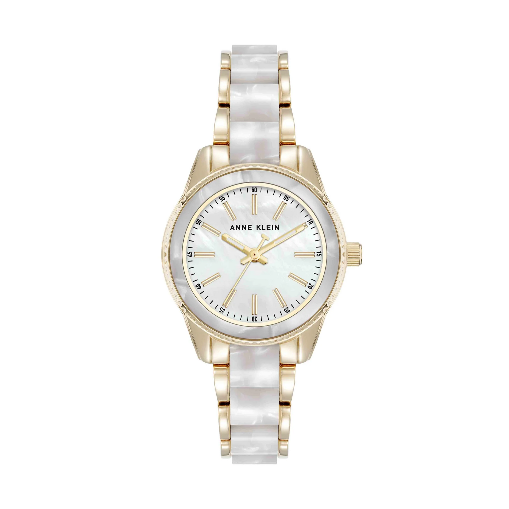 Anne Klein watch with gold and white strap on a white background