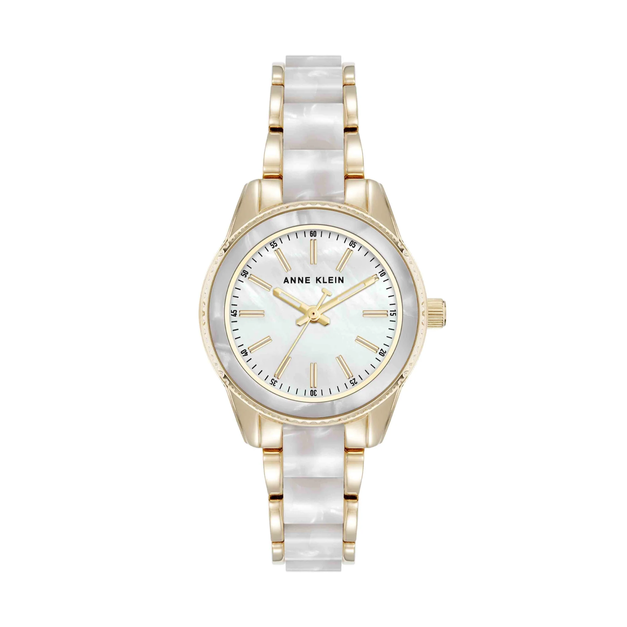 Anne Klein watch with gold and white strap on a white background