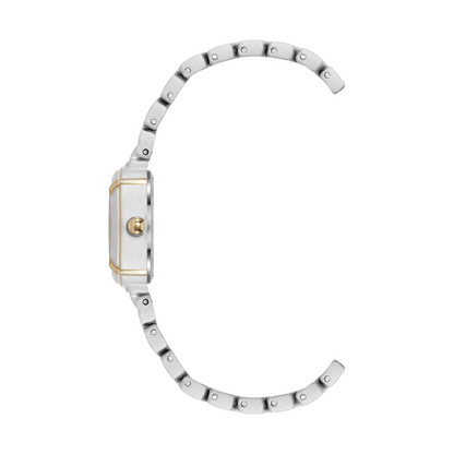 Two-tone watch with silver and gold band on a white background