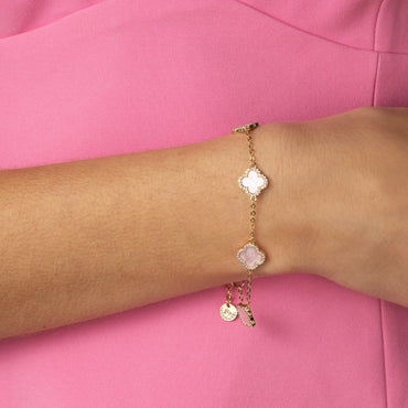 yellow gold clover bracelet with pink mothr of pearl - eva victoria ireland