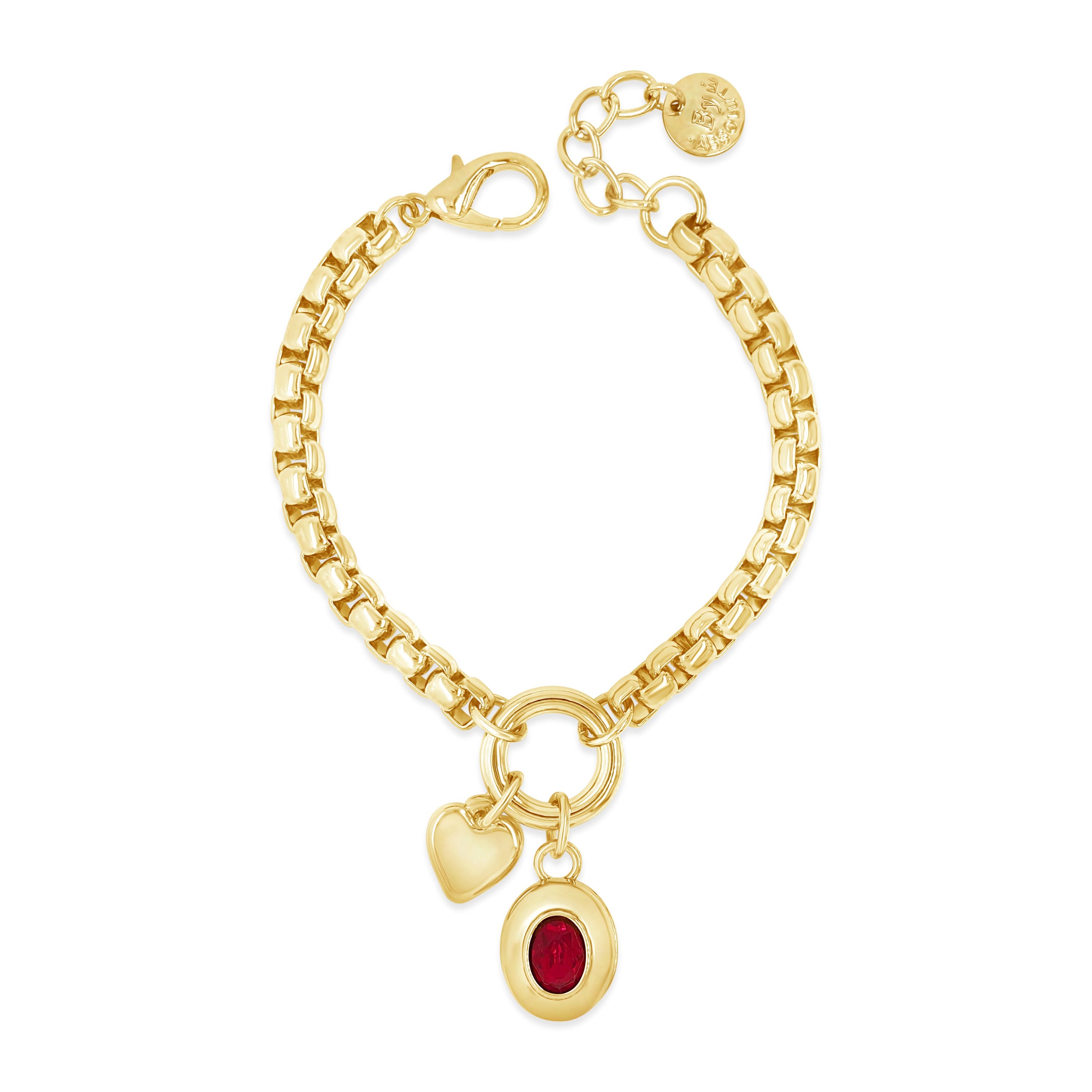 Siam ruby crystal gold charm bracelet by Absolute Jewellery Ireland