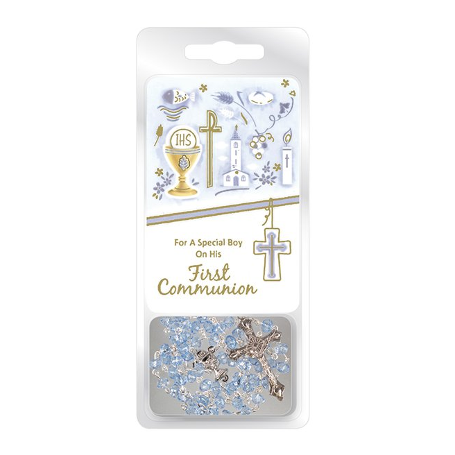 Communion Blue Rosary Beads & Prayer Card