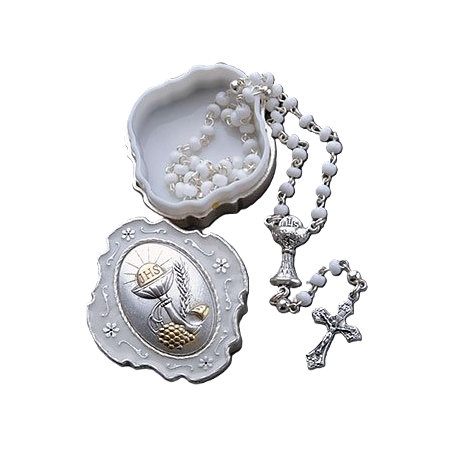 White Glass Rosary Beads in Decorative Metal Gift Box in Ireland