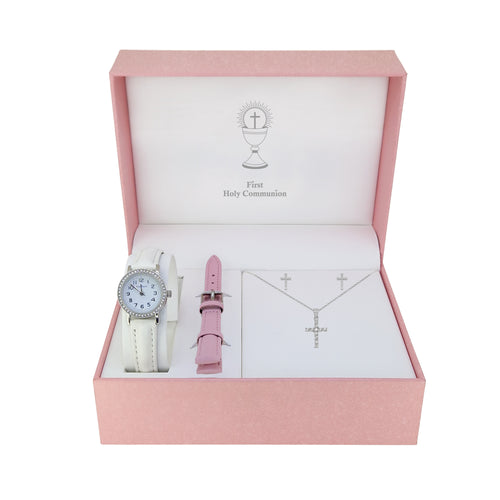 Communion White Crystal Watch & Sterling Silver Cross Pendant & Earrings Gift Set