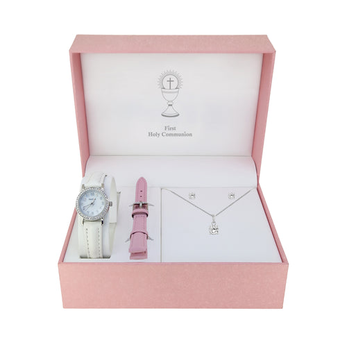 White Pearl Watch & Sterling Silver Solitaire Pendant & Earrings Gift Set