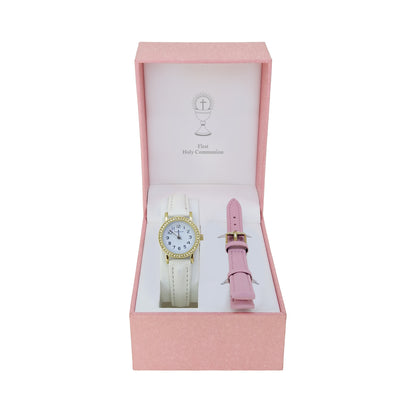 Personalised Communion Gold Watch & Interchangeable Pink Strap - gift set for girls Ireland