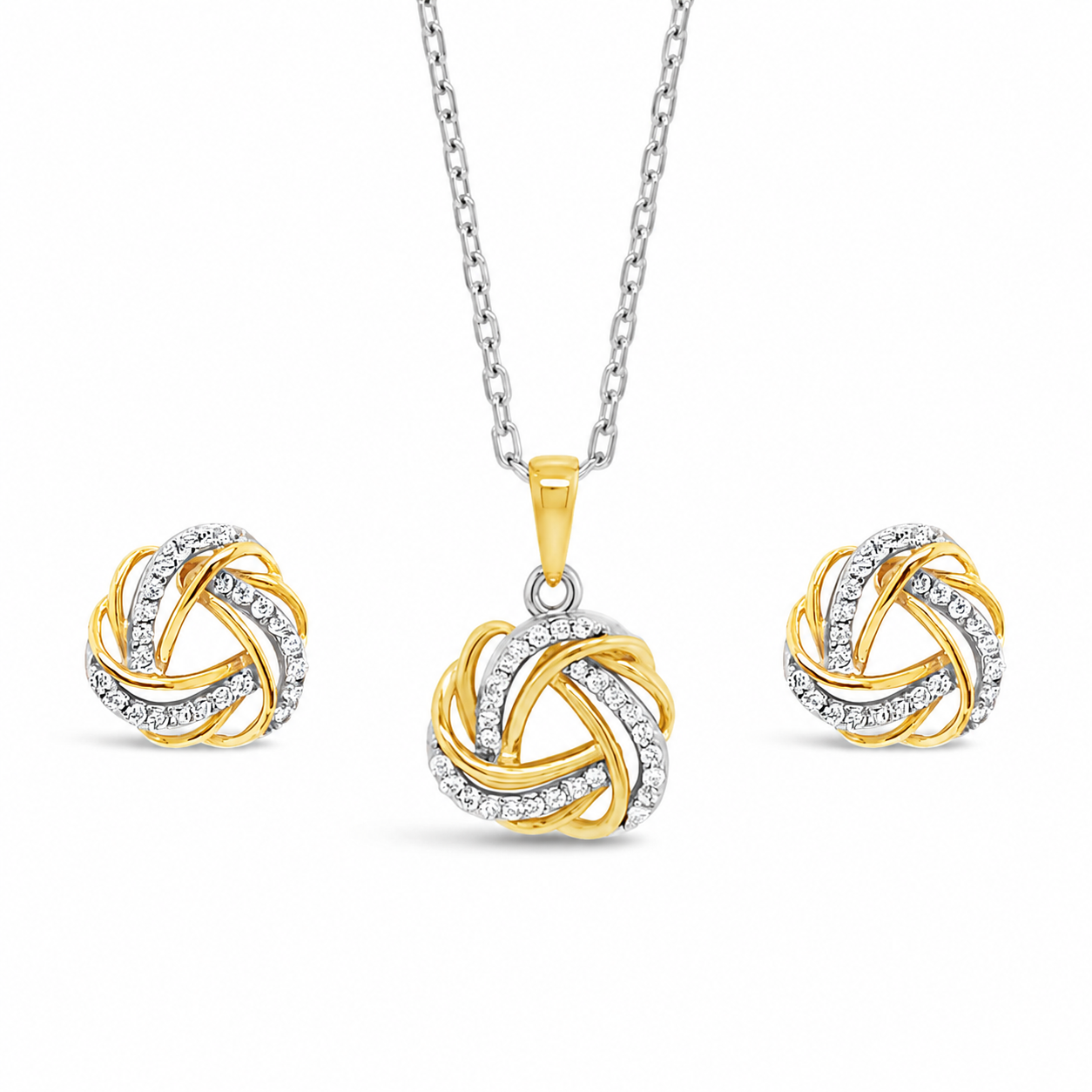 Sterling Silver Two Tone Eternal Knot Pendant & Earrings Set