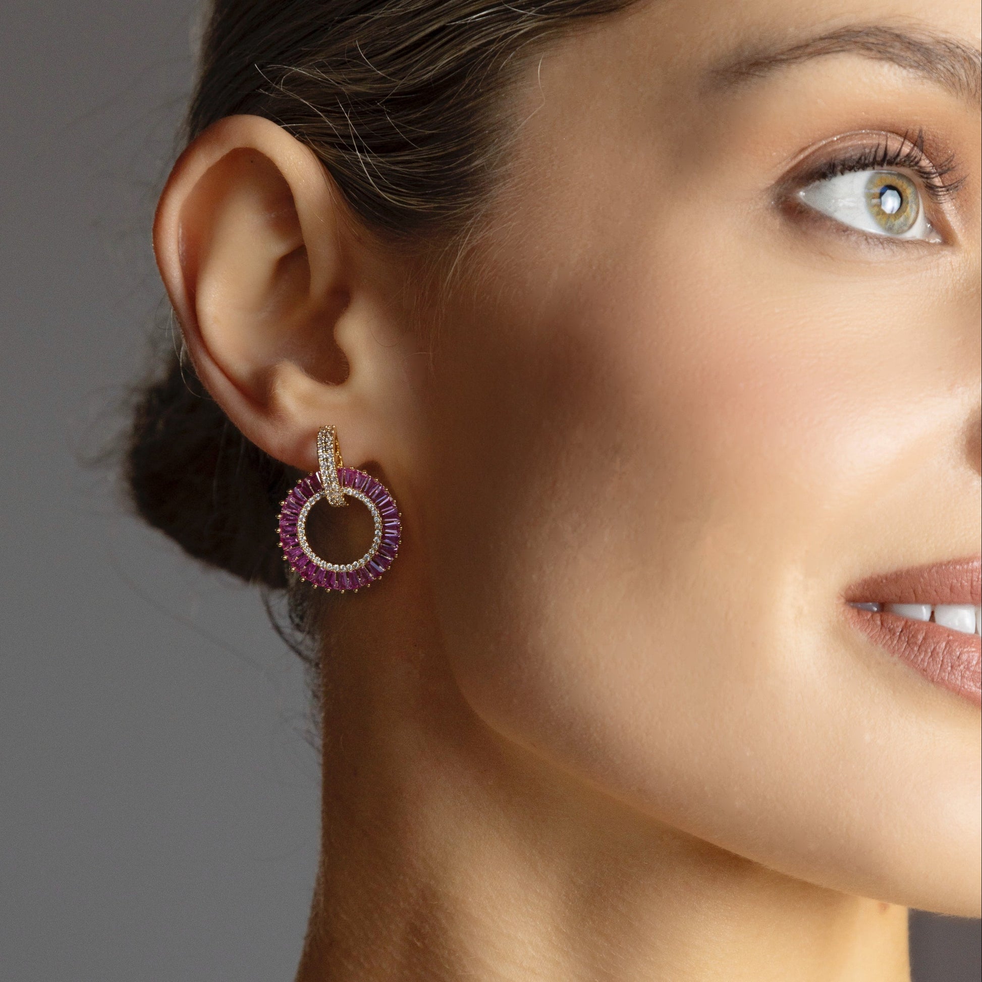 Absolute Jewellery Yellow Gold Earrings with pink fuchsia stones - eva victoria ireland