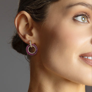 Absolute Jewellery Yellow Gold Earrings with pink fuchsia stones - eva victoria ireland