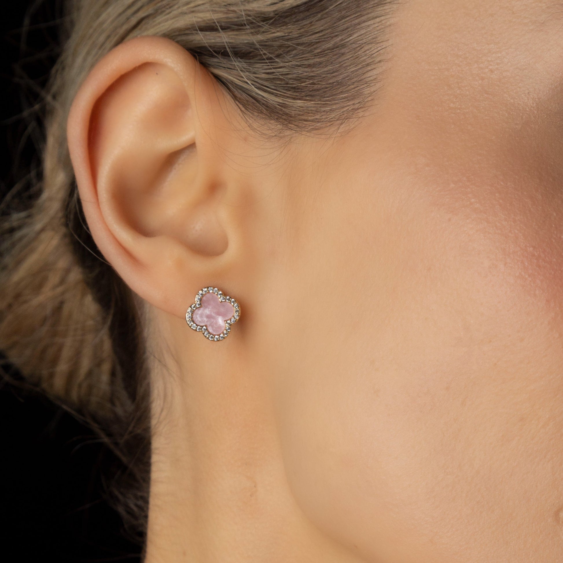 pink clover studs in yellow gold - eva victoria ireland