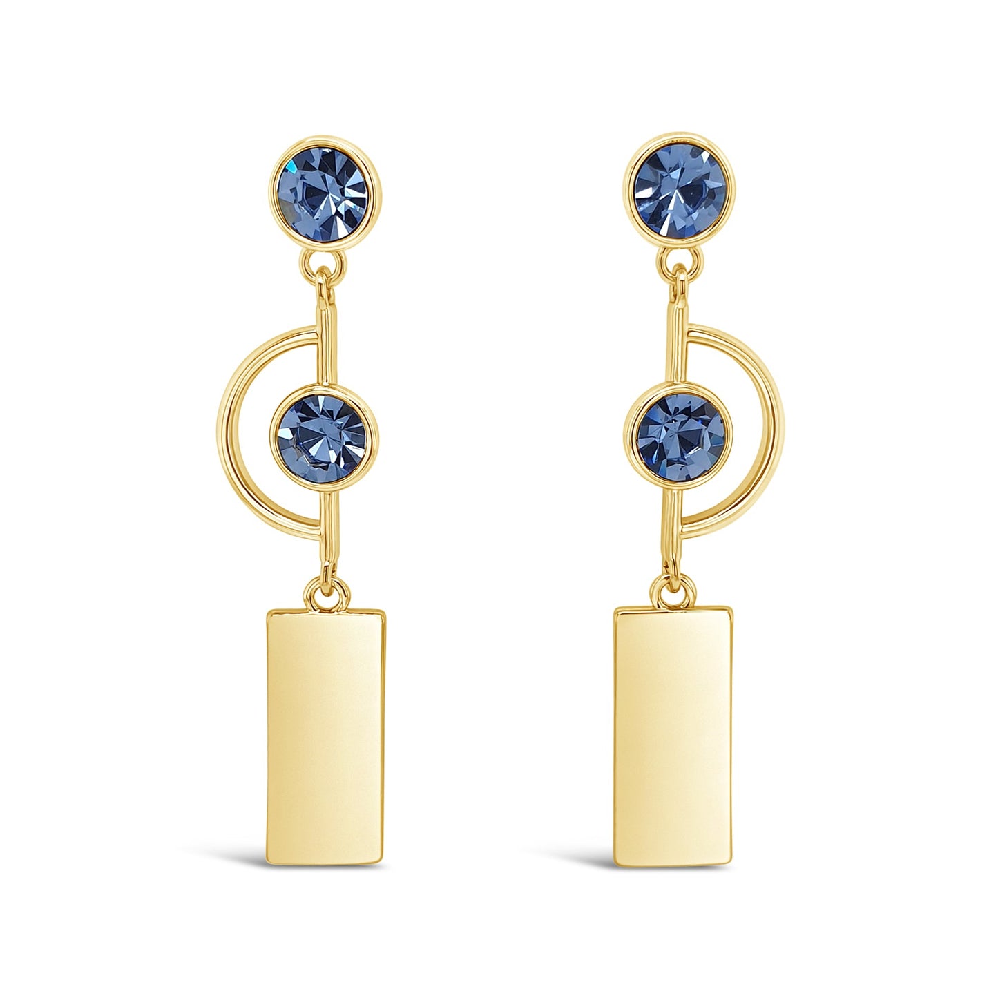 geometric statement gold earrings with midnight blue stone ireland