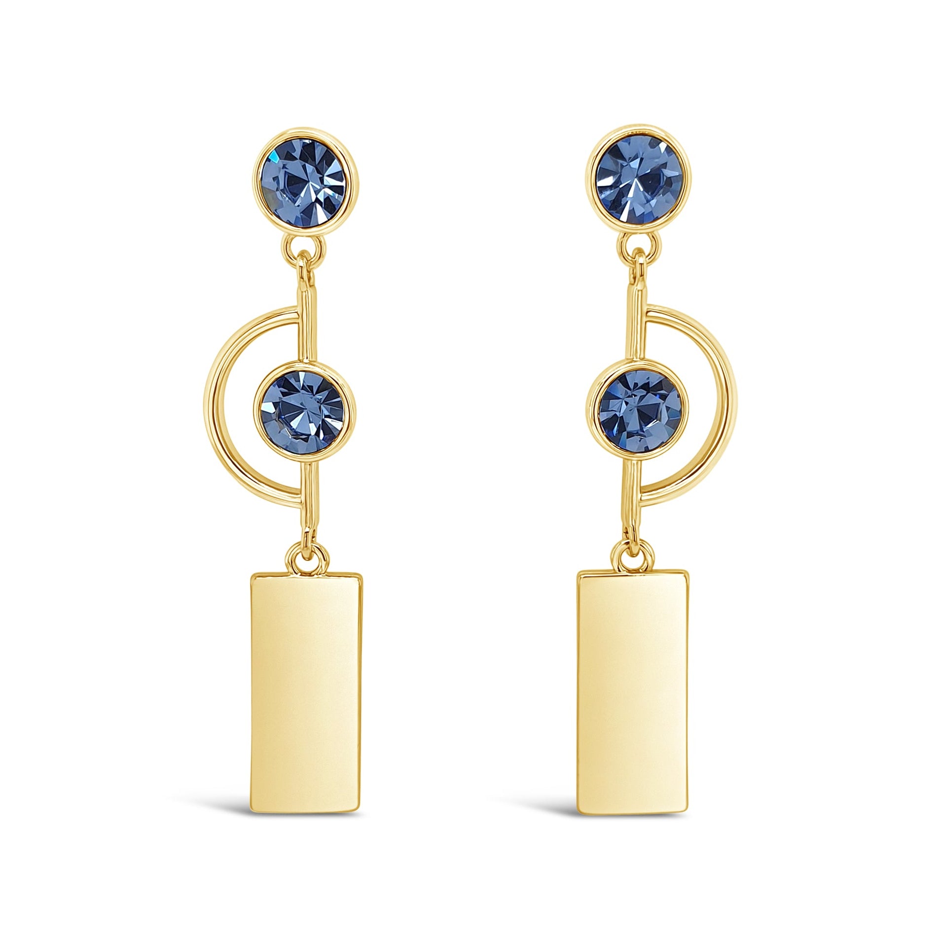 geometric statement gold earrings with midnight blue stone ireland