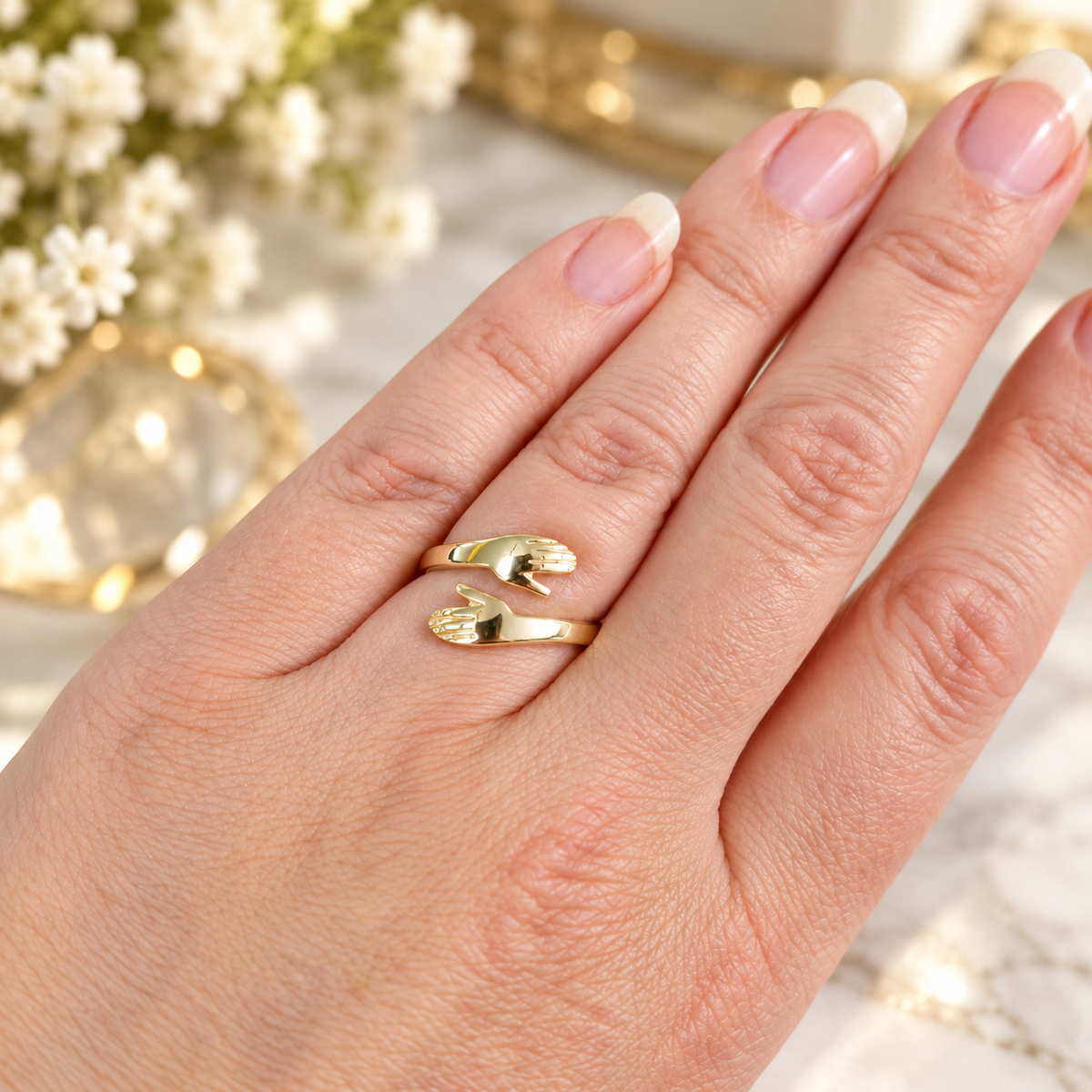 9ct Gold Hug Ring - Adjustable Open Hands Ring