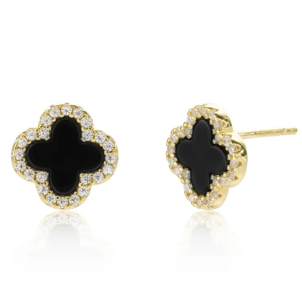 Eva Victoria Gold 4 Leaf Clover Black Agate Stud Earrings