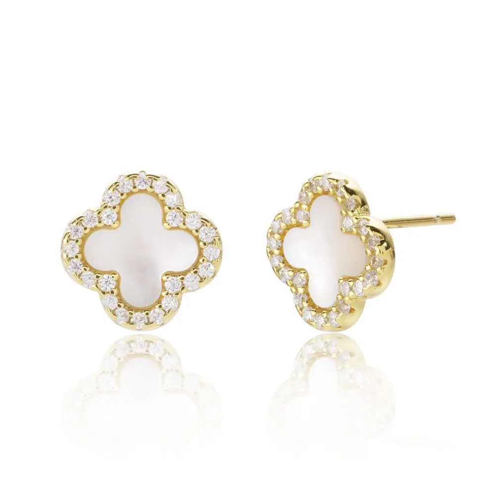 Gold earrings with white clover-shaped stones buy in Ireland