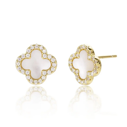 Gold earrings with white clover-shaped stones buy in Ireland