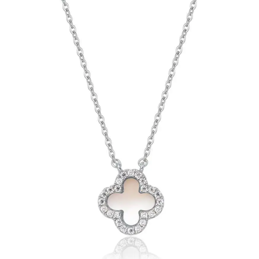 Silver necklace with a clover-shaped pendant on a white background