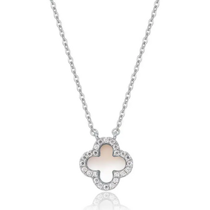 Silver necklace with a clover-shaped pendant on a white background