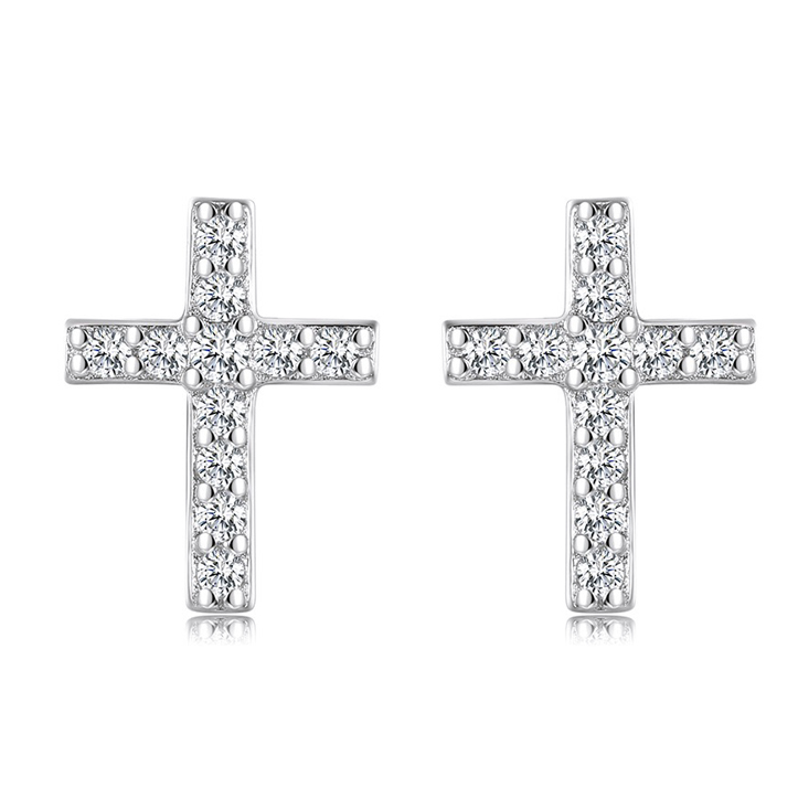 Eva Victoria Sterling Silver Cross Stud Earrings with Cubic Zirconia 10mm Communion earrings