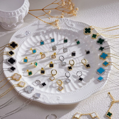 Lucky 4 leaf clover gold hoop earrings with black agate Eva Victoria