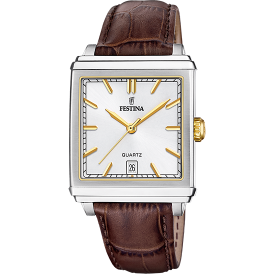 Festina Square Silver Watch for Men F20681/4 Brown Leather Strap