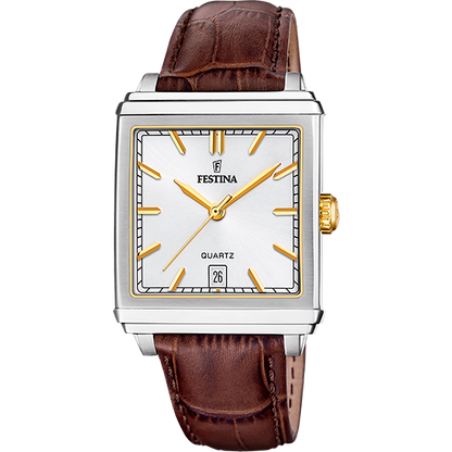 Festina Square Silver Watch for Men F20681/4 Brown Leather Strap