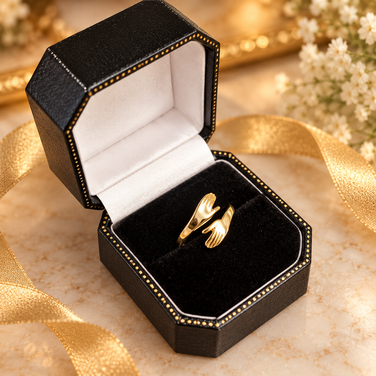9ct Gold Hug Ring - Adjustable Open Hands Ring