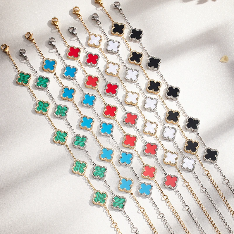 Colorful clover-shaped bracelets on gold chains van cleef clover