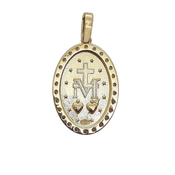 backside of 9ct gold Miraculous Medal with cubic zirconia religious pendant