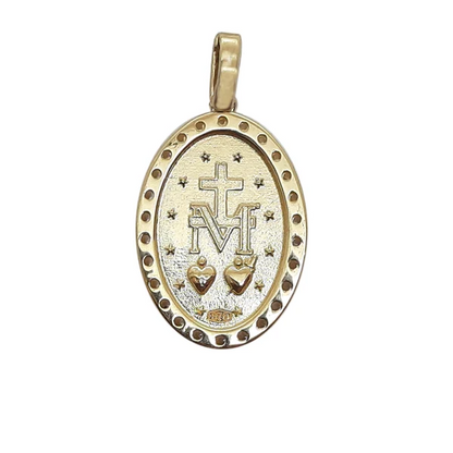 backside of 9ct gold Miraculous Medal with cubic zirconia religious pendant