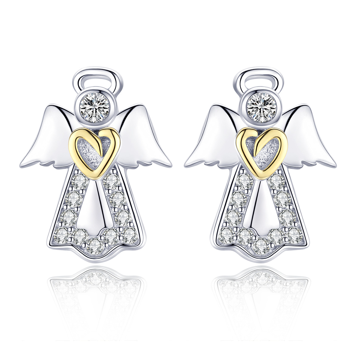 Pair of angel-shaped earrings with gold hearts and diamond accents on a white background
