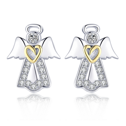 Pair of angel-shaped earrings with gold hearts and diamond accents on a white background