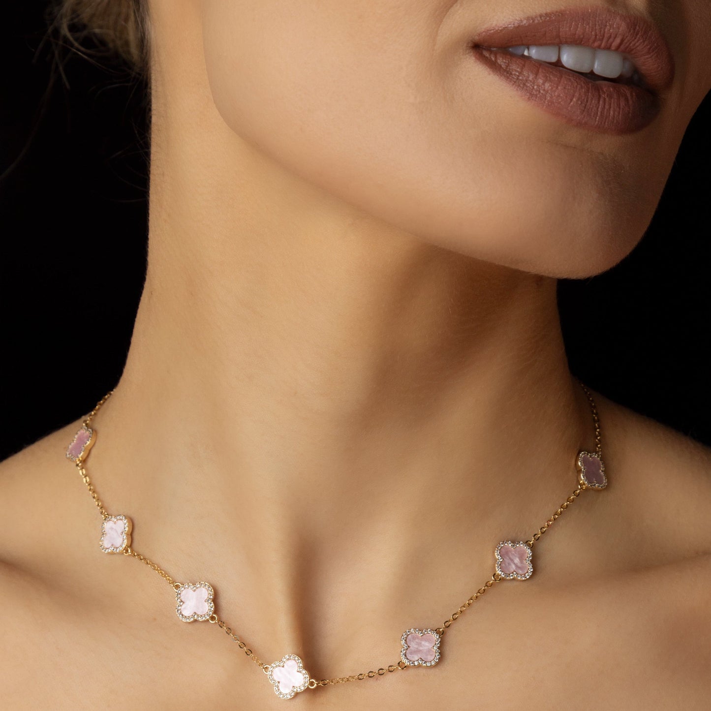 pink clovers necklace in gold
