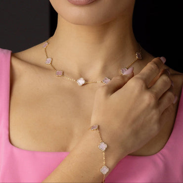 pink pearl gold clover jewellery set - necklace and bracelet eva victoria ireland