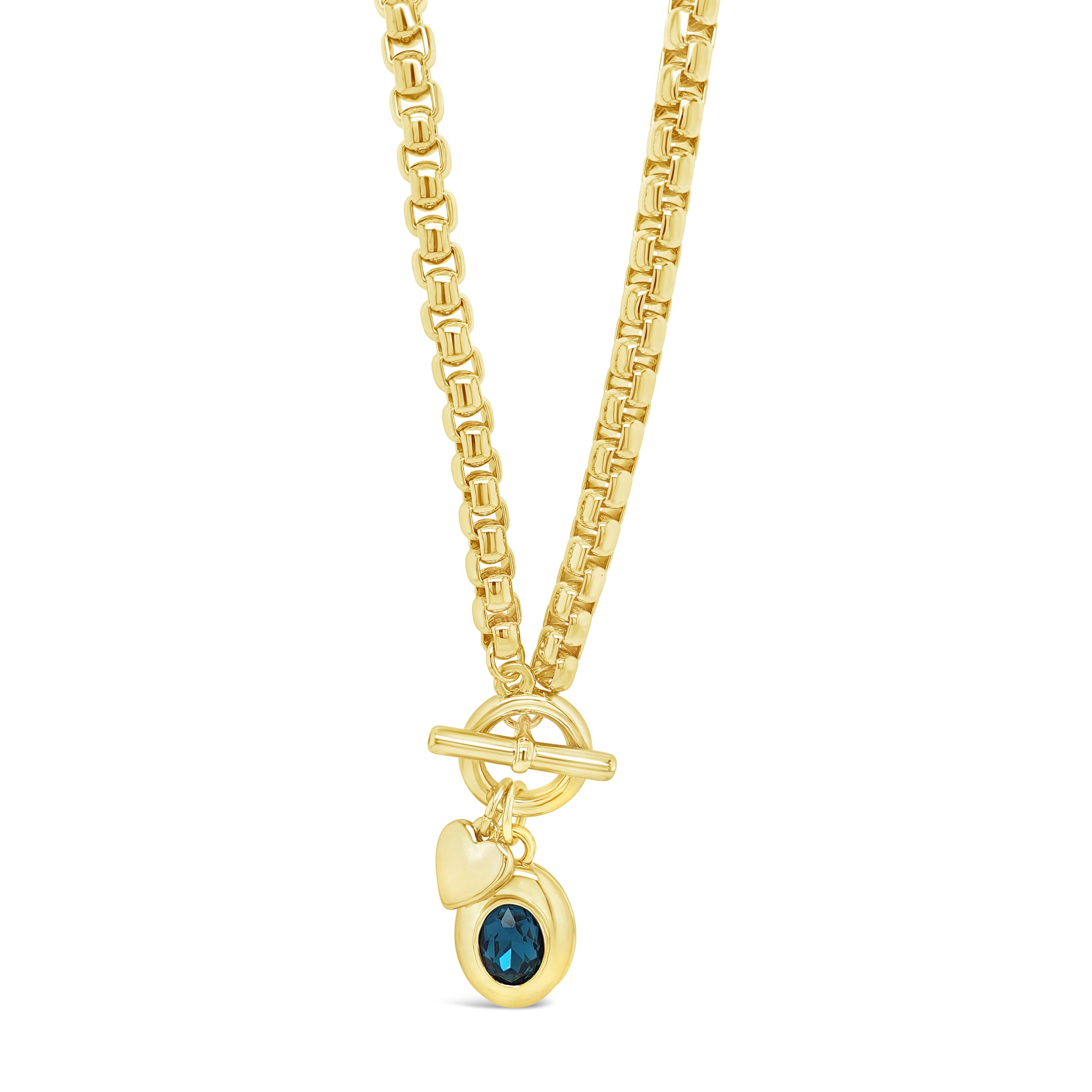 Absolute Jewellery Crystal Radiance Gold T-Bar Chain with Heart and Blue Crystal Charms