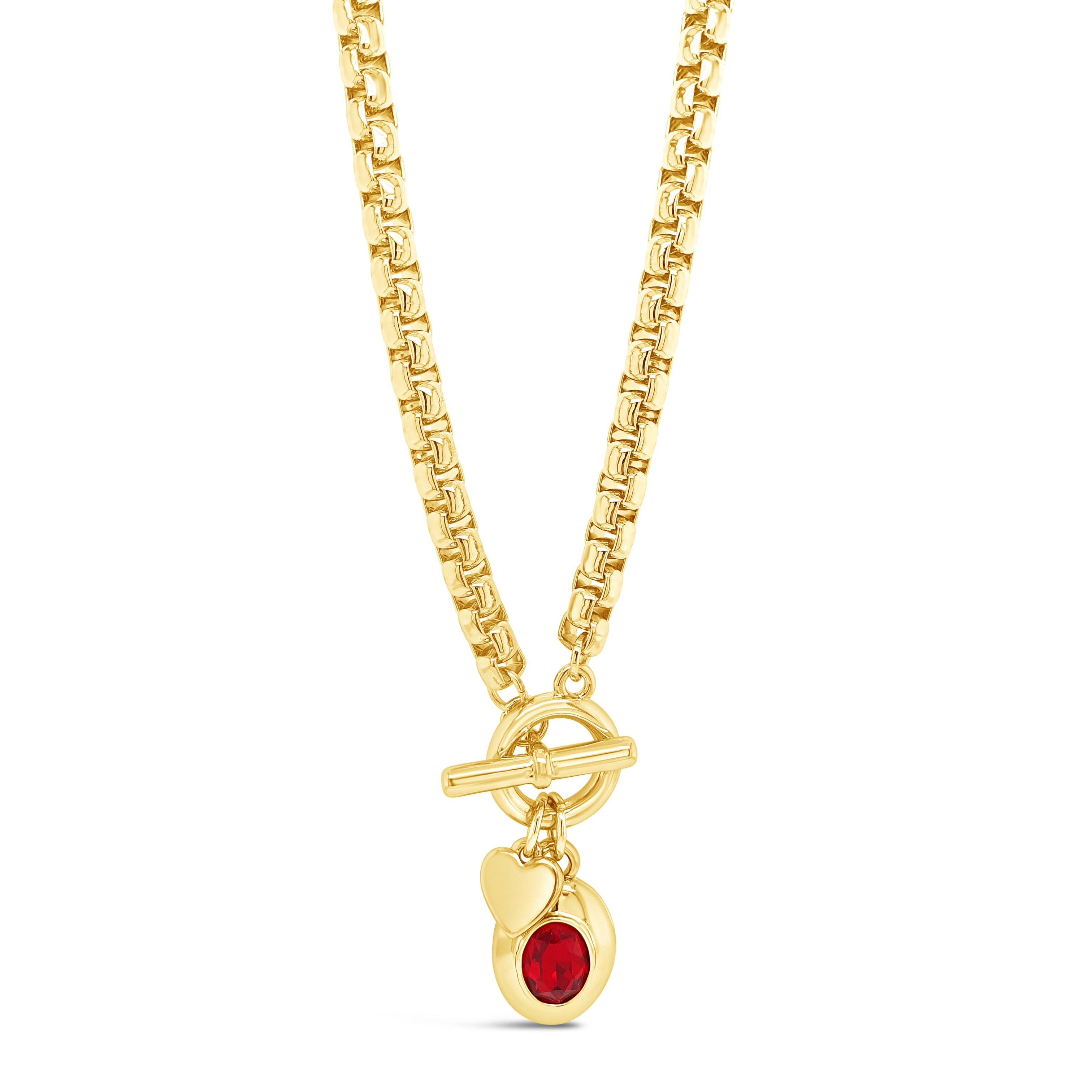 Siam ruby crystal charm t-bar necklace on gold chain - eva victoria ireland